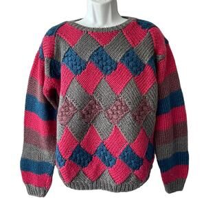 VINTAGE 80s JR’S Handknit Basket Weave Colorblock Sweater Size Large